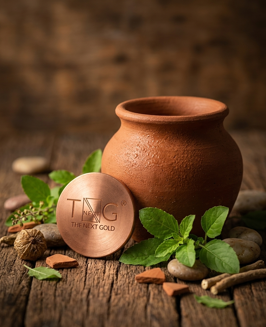 The Next Gold copper coin resting in front of a clay matka with fresh mint and herbs